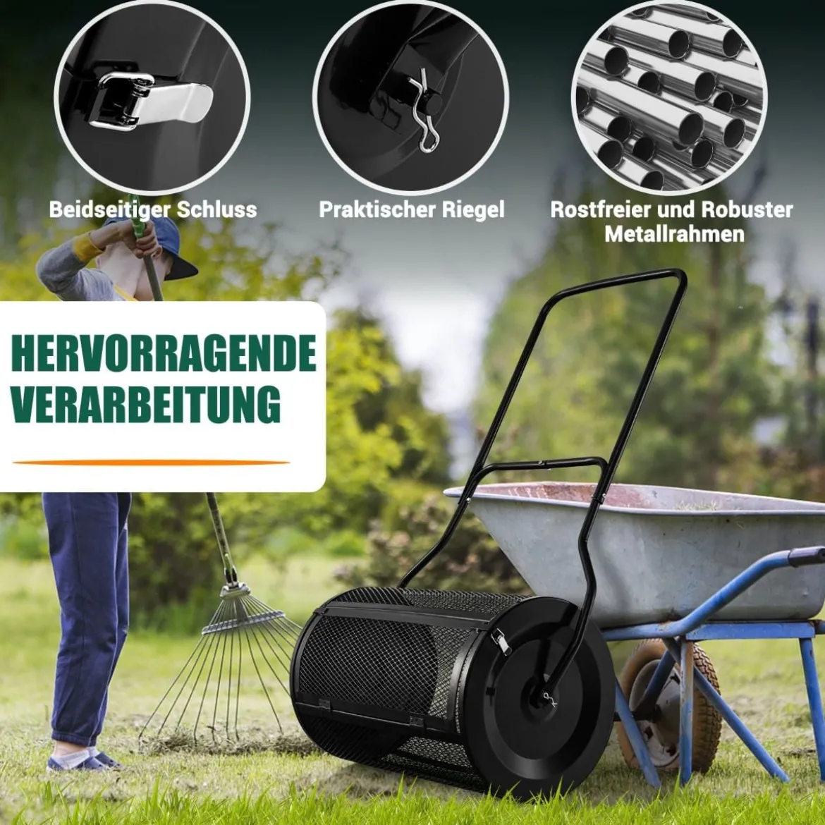 80L Kompoststreuer mit U-Griff & Mesh-Korb 39 cm Breiter Torfstreuer Düngerstreuer Komposter Schwarz