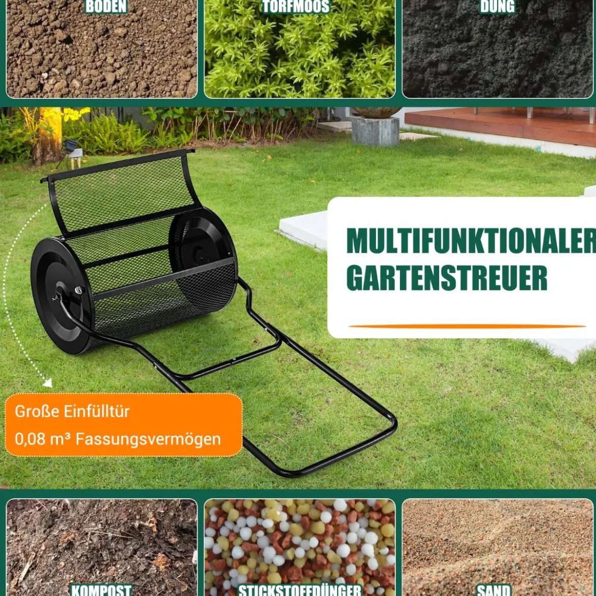 80L Kompoststreuer mit U-Griff & Mesh-Korb 39 cm Breiter Torfstreuer Düngerstreuer Komposter Schwarz