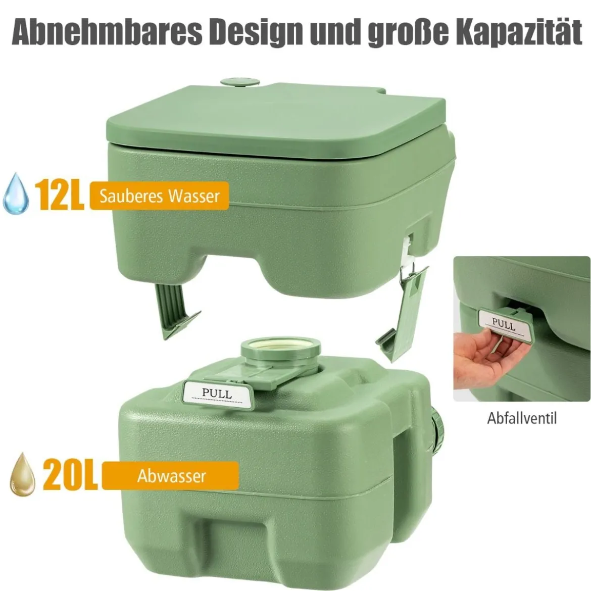 20L + 12L Campingtoilette mit Abnehmbarem Abwassertank Tragbares Campingklo