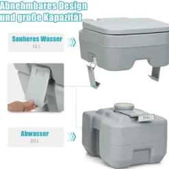 20L + 12L Campingtoilette mit Abnehmbarem Abwassertank Tragbares Campingklo