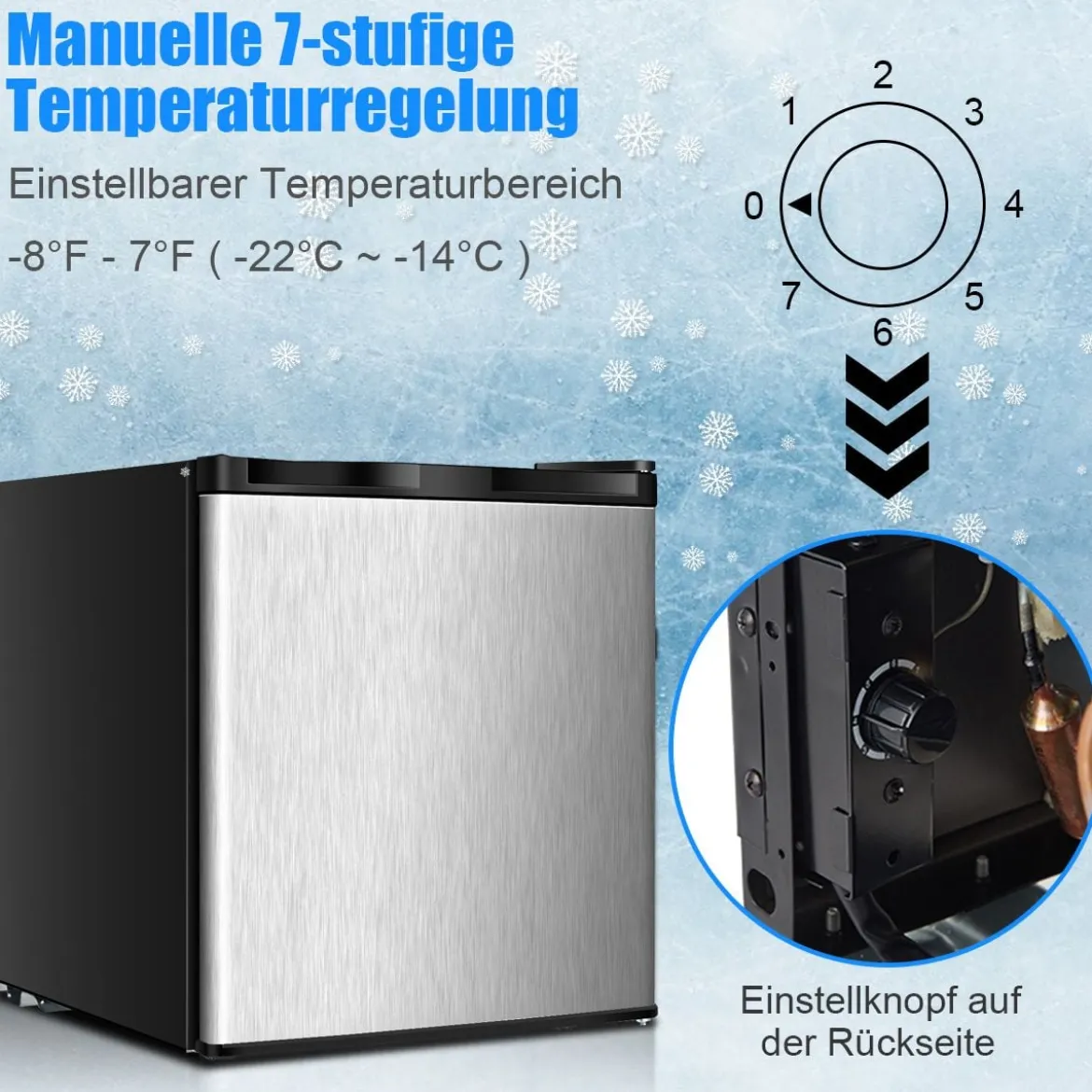 31L Mini Freistehender Gefrierschrank tragbarer kompakter Gefrierbox 45 x 46 x 48 cm Silber + Schwarz