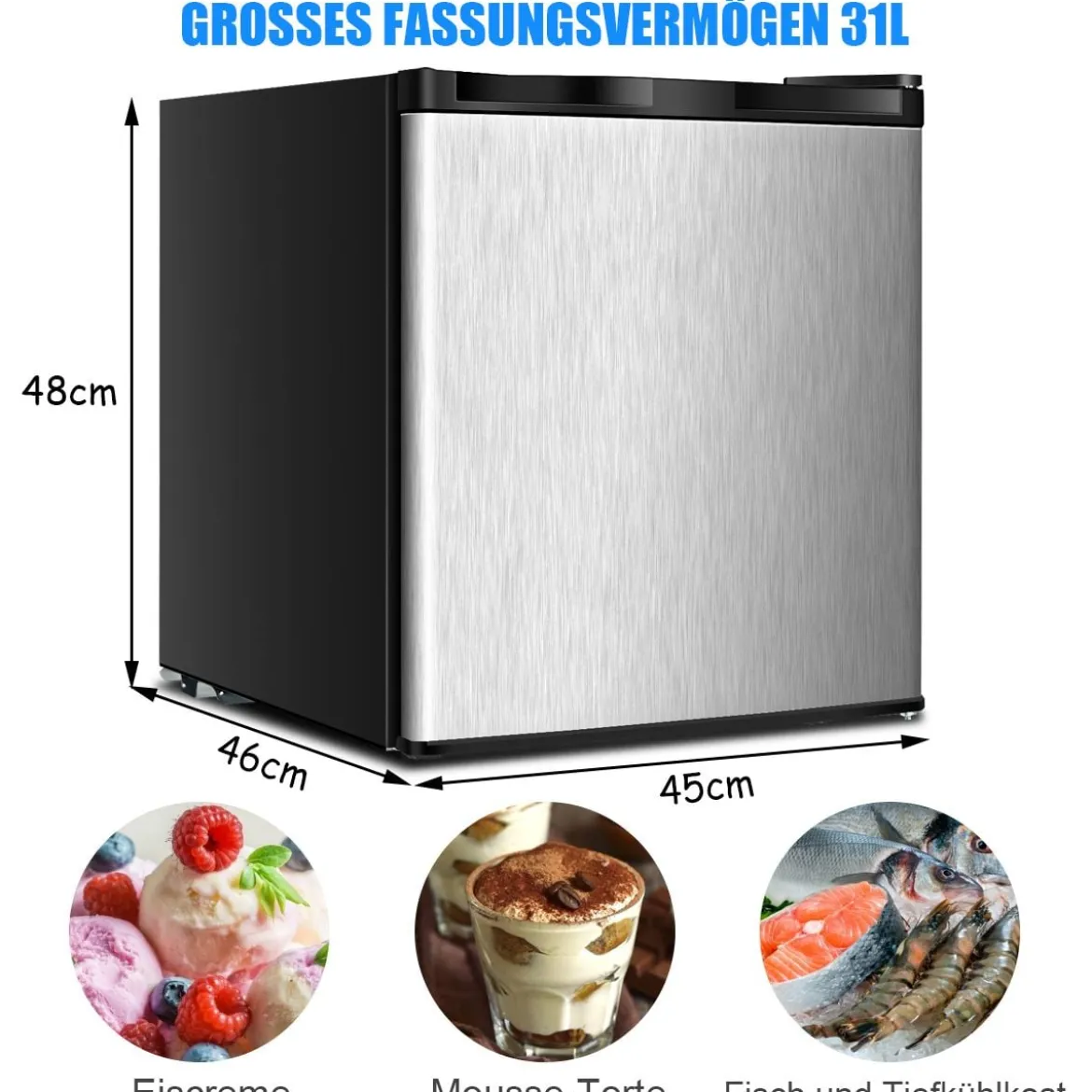 31L Mini Freistehender Gefrierschrank tragbarer kompakter Gefrierbox 45 x 46 x 48 cm Silber + Schwarz