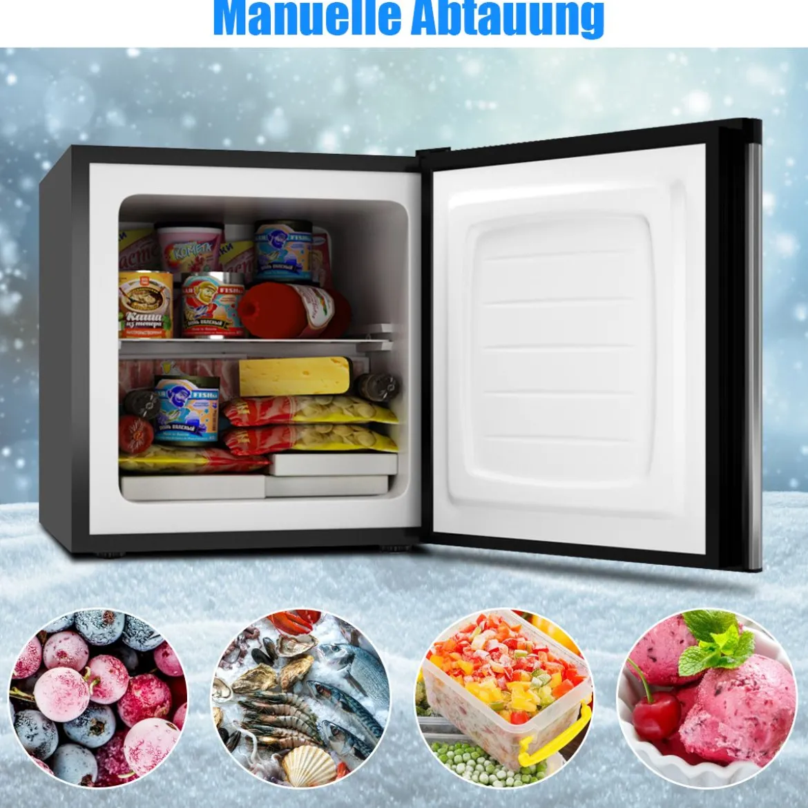31L Mini Freistehender Gefrierschrank tragbarer kompakter Gefrierbox 45 x 46 x 48 cm Silber + Schwarz