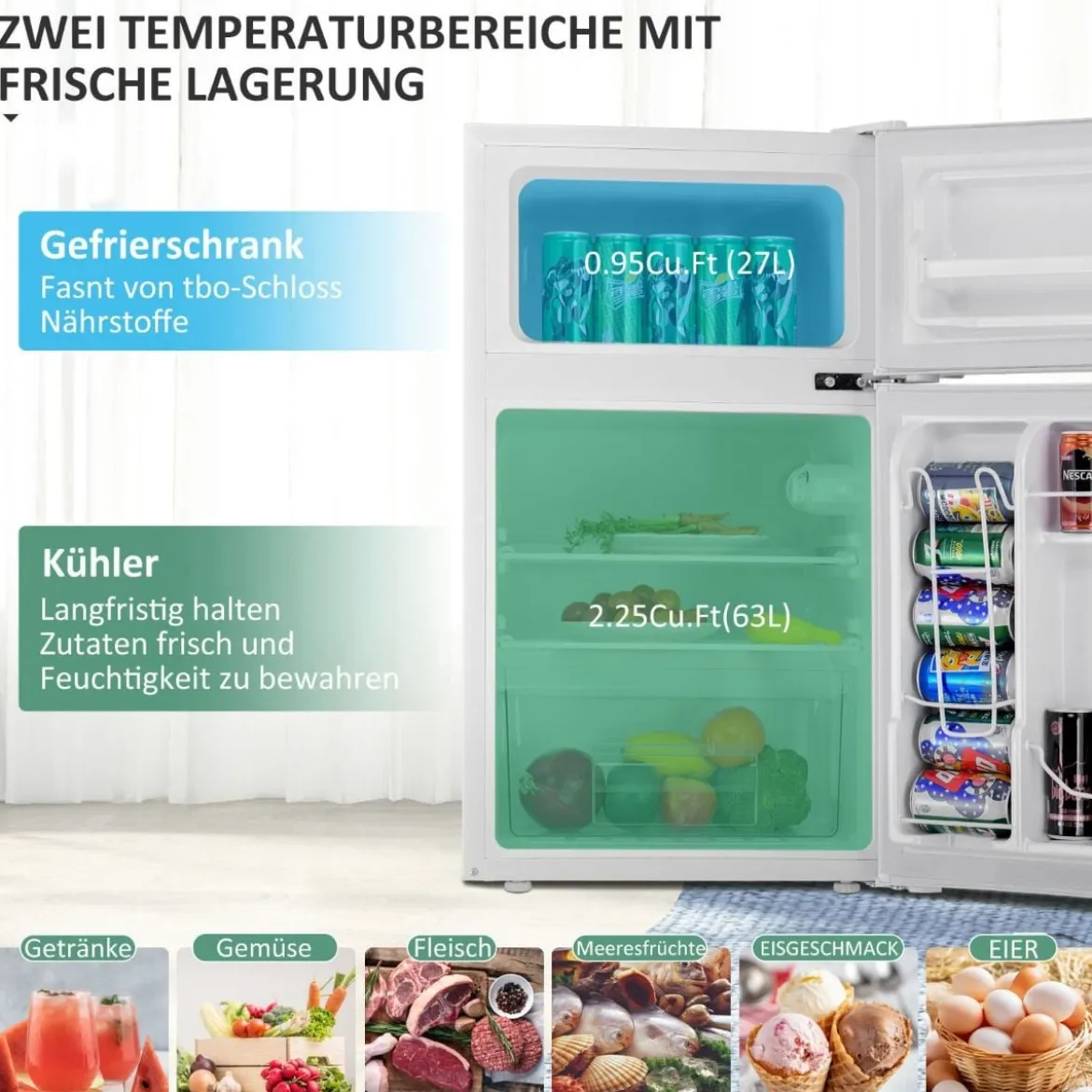 90L Mini-Kühlschrank separates Gefrierfach Kompakter Kühlschrank 48,5 x 49,5 x 86 cm Weiß