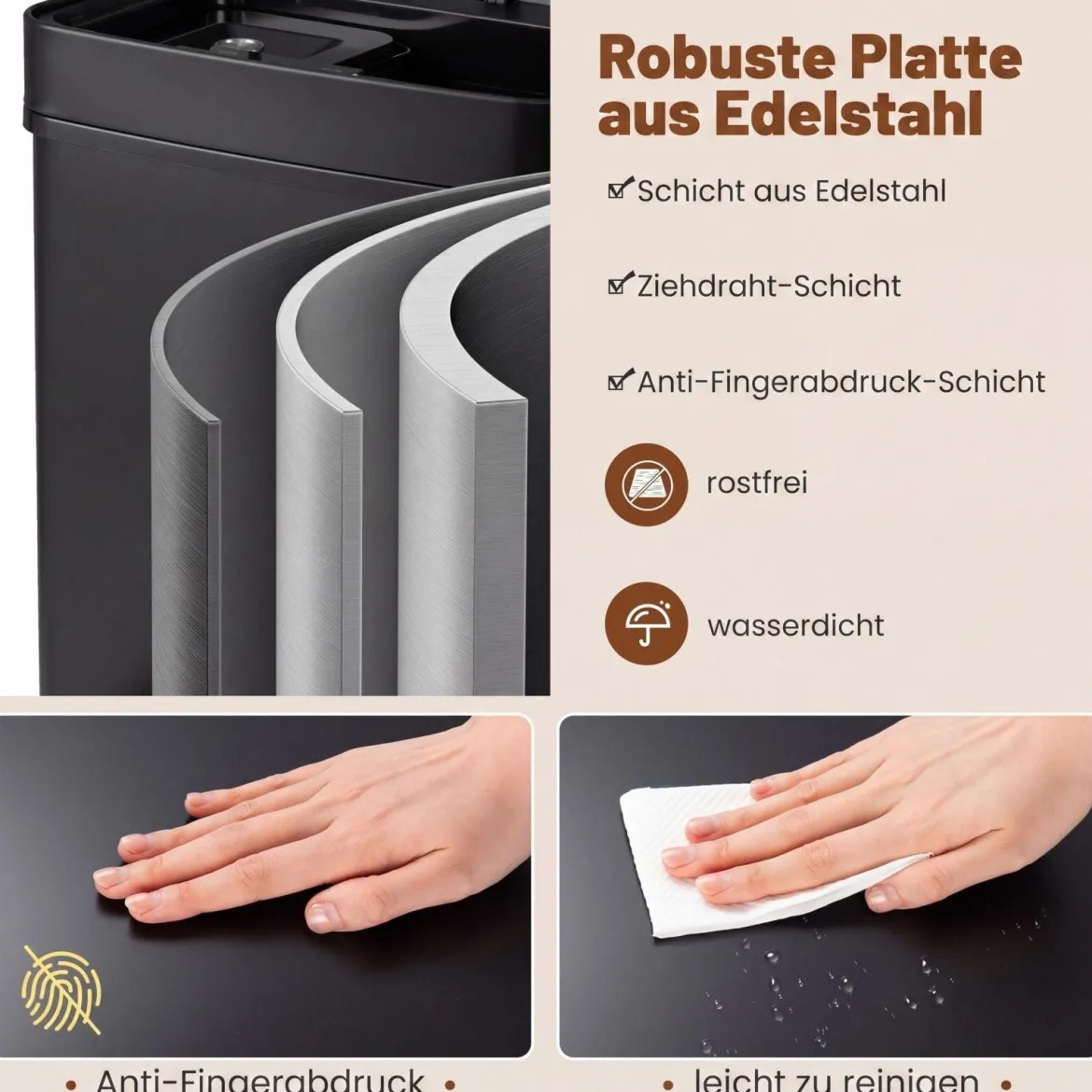 72L-Müllbehälter aus Edelstahl Mülleimer mit Küchenabfallbehälter 42 x 32–58 x 84–110 cm Schwarz