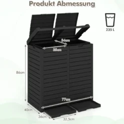 235 L Mülleimer mit Doppeldeckel & Ausziehbarer Auffangschale & Griff Outdoor Mülltonne Schwarz