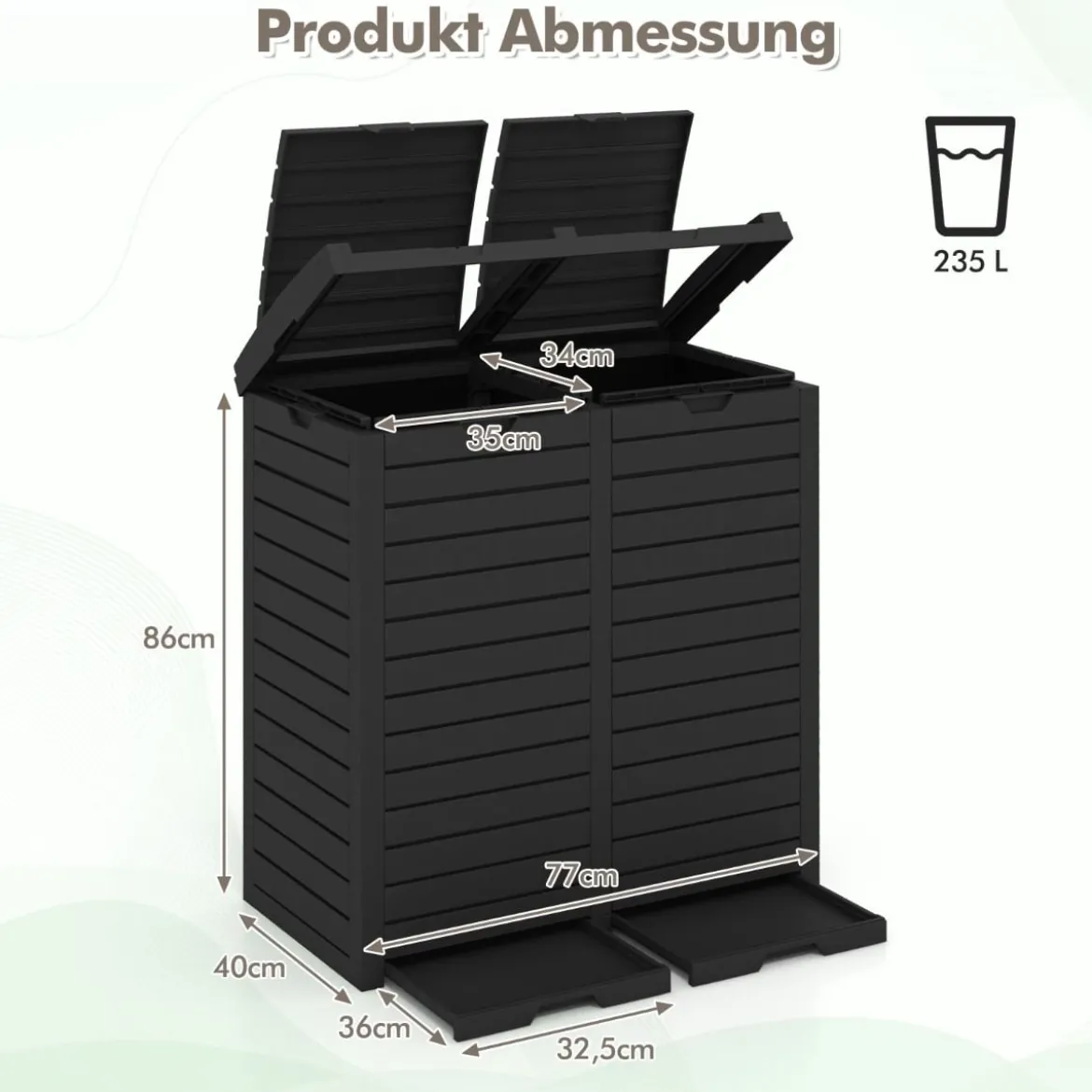 235 L Mülleimer mit Doppeldeckel & Ausziehbarer Auffangschale & Griff Outdoor Mülltonne Schwarz