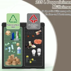235 L Mülleimer mit Doppeldeckel & Ausziehbarer Auffangschale & Griff Outdoor Mülltonne Schwarz