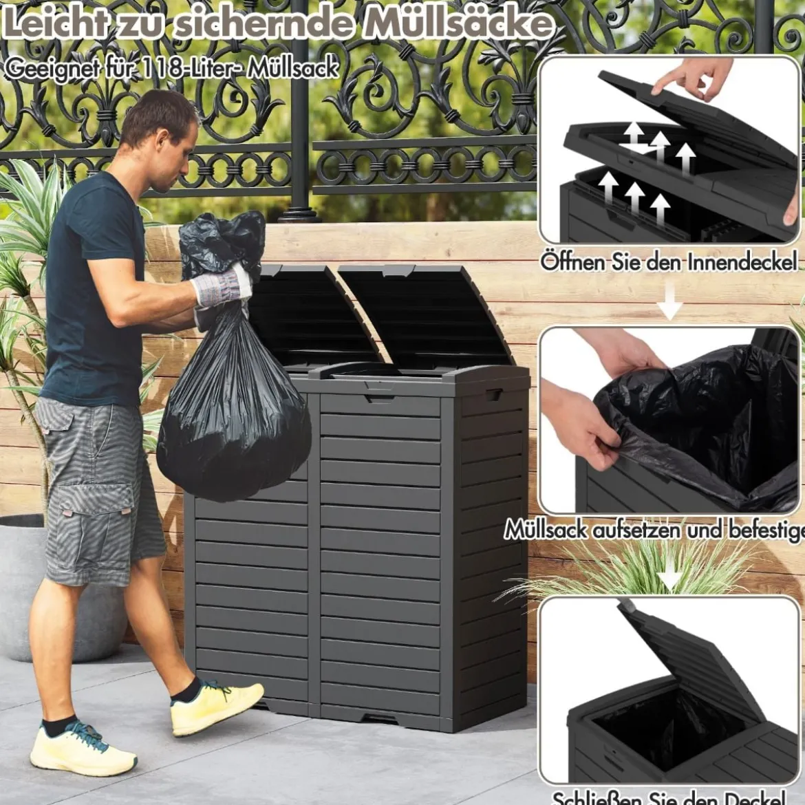 235 L Mülleimer mit Doppeldeckel & Ausziehbarer Auffangschale & Griff Outdoor Mülltonne Schwarz