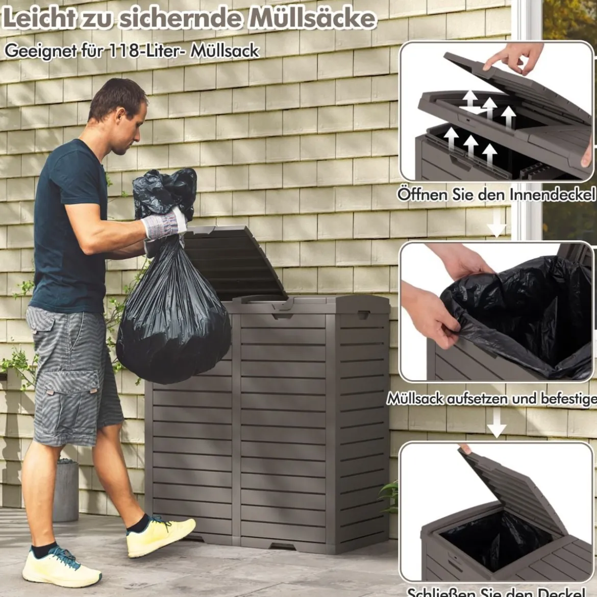 235 L Mülleimer mit Doppeldeckel & Ausziehbarer Auffangschale & Griff Outdoor Mülltonne