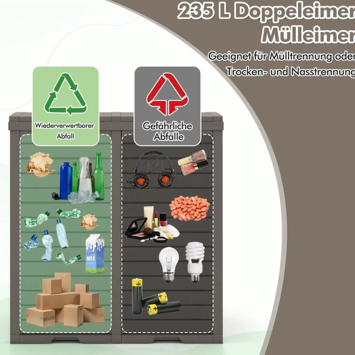 235 L Mülleimer mit Doppeldeckel & Ausziehbarer Auffangschale & Griff Outdoor Mülltonne