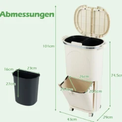 38L Mülleimer mit 2 Herausnehmbaren Eimern & Deckel & Fußpedal & Rädern Abfalleimer Beige
