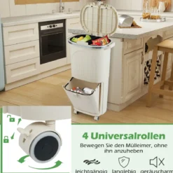 38L Mülleimer mit 2 Herausnehmbaren Eimern & Deckel & Fußpedal & Rädern Abfalleimer Beige
