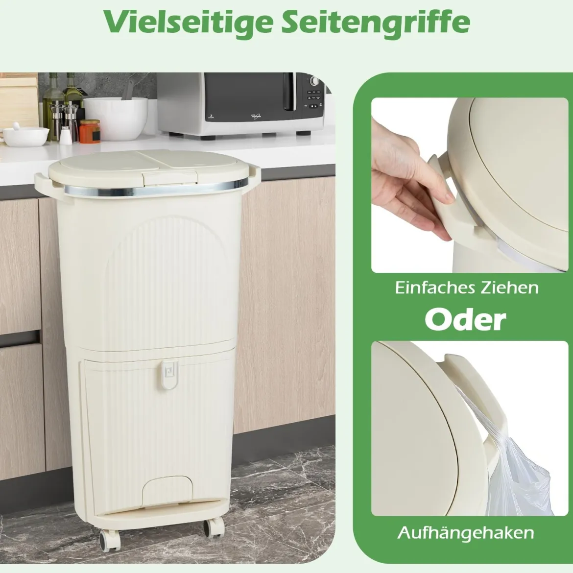 38L Mülleimer mit 2 Herausnehmbaren Eimern & Deckel & Fußpedal & Rädern Abfalleimer Beige