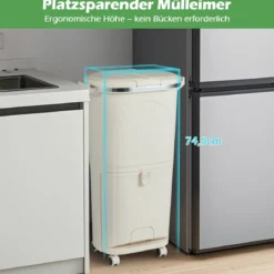 38L Mülleimer mit 2 Herausnehmbaren Eimern & Deckel & Fußpedal & Rädern Abfalleimer Beige