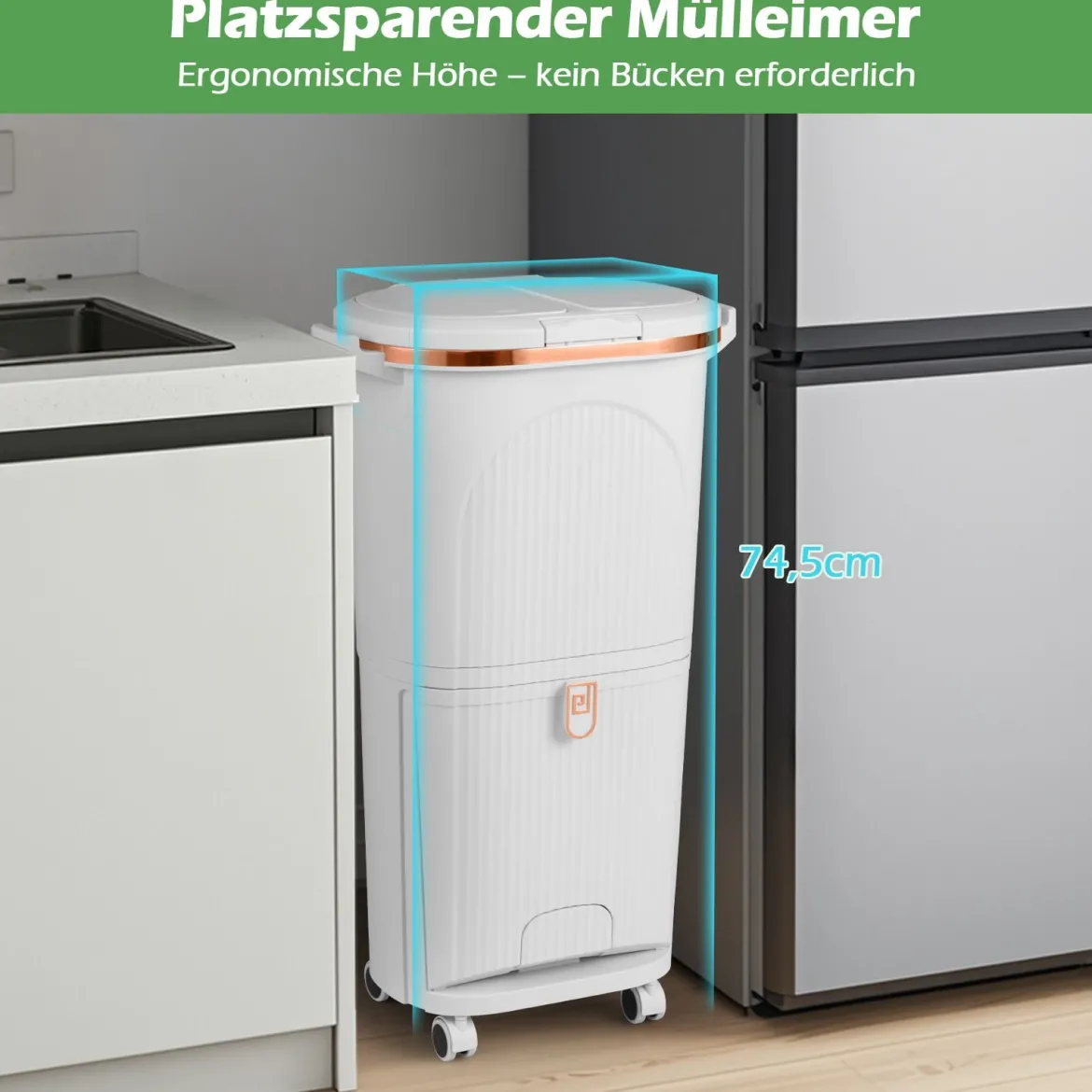 38L Mülleimer mit 2 Herausnehmbaren Eimern & Deckel & Fußpedal & Rädern Abfalleimer Weiß