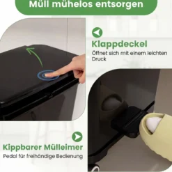 36 L Mülltonne Abfalleimer mit 2 herausnehmbaren Behältern kippbarem Abteil & Müllklassifizierungs-Aufklebern Schwarz