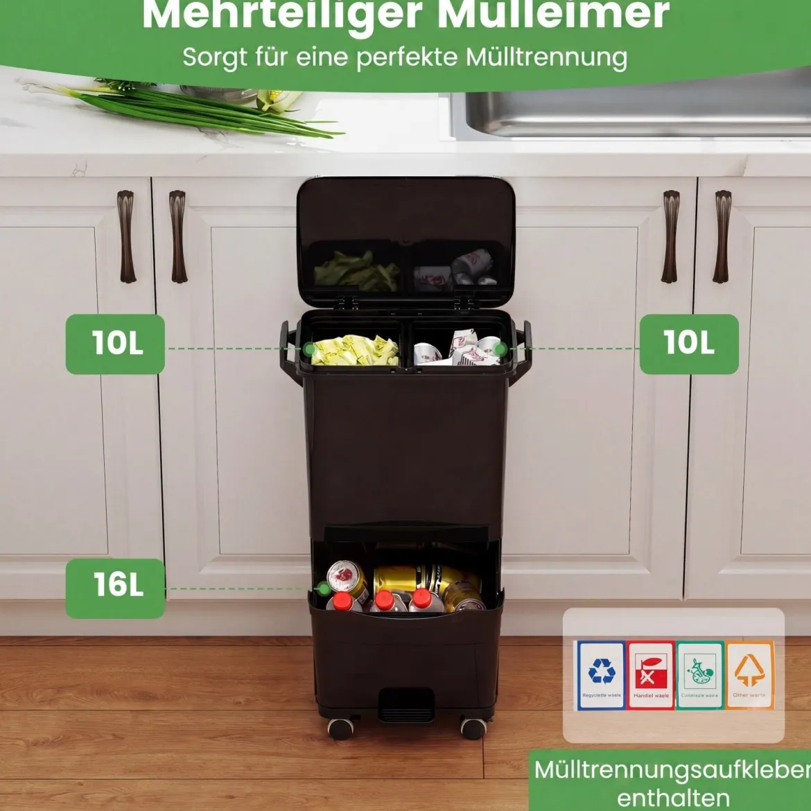 36 L Mülltonne Abfalleimer mit 2 herausnehmbaren Behältern kippbarem Abteil & Müllklassifizierungs-Aufklebern Schwarz