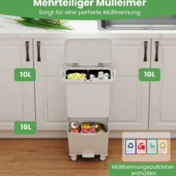 36 L Mülltonne Abfalleimer mit 2 herausnehmbaren Behältern kippbarem Abteil & Müllklassifizierungs-Aufklebern Weiß