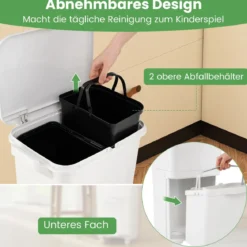 36 L Mülltonne Abfalleimer mit 2 herausnehmbaren Behältern kippbarem Abteil & Müllklassifizierungs-Aufklebern Weiß
