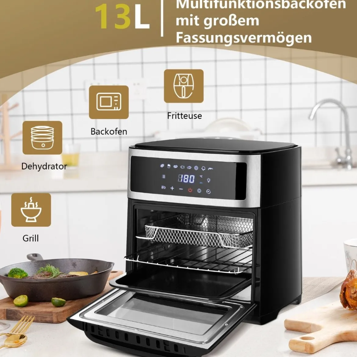 13 L Ofen 8 in 1 Luftfritteuse mit Touchscreen 31 x 34,5 x35 cm Schwarz