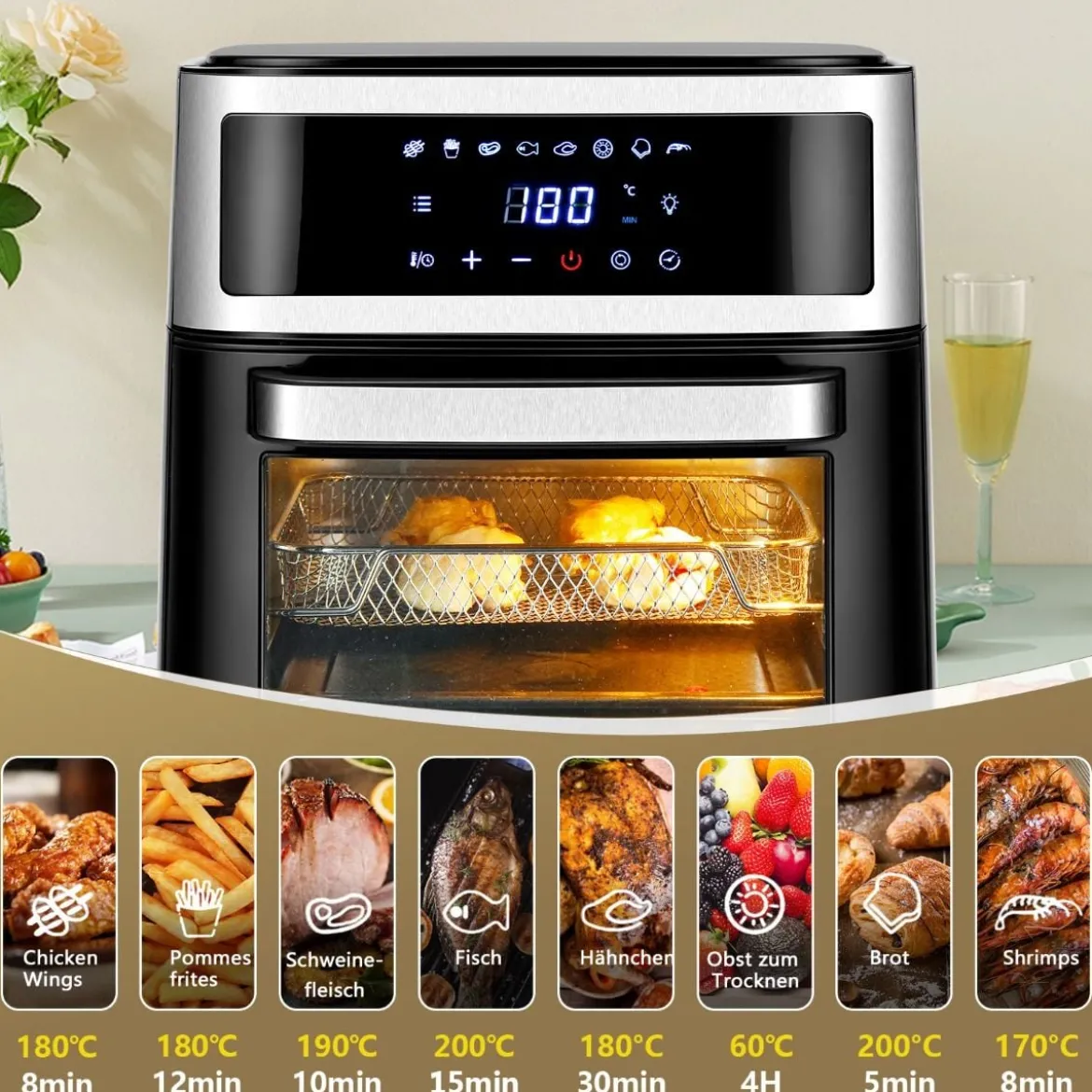 13 L Ofen 8 in 1 Luftfritteuse mit Touchscreen 31 x 34,5 x35 cm Schwarz