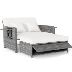 Lounge Möbel Outdoor Rattan Gartenlounge Set mit Hocker Gartensofa mit Liegefunktion Beige/Schwarz/Grau /Weiß