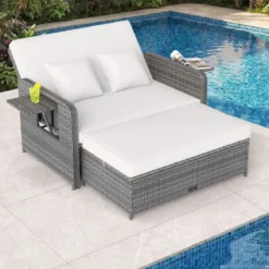 Lounge Möbel Outdoor Rattan Gartenlounge Set mit Hocker Gartensofa mit Liegefunktion Beige/Schwarz/Grau /Weiß