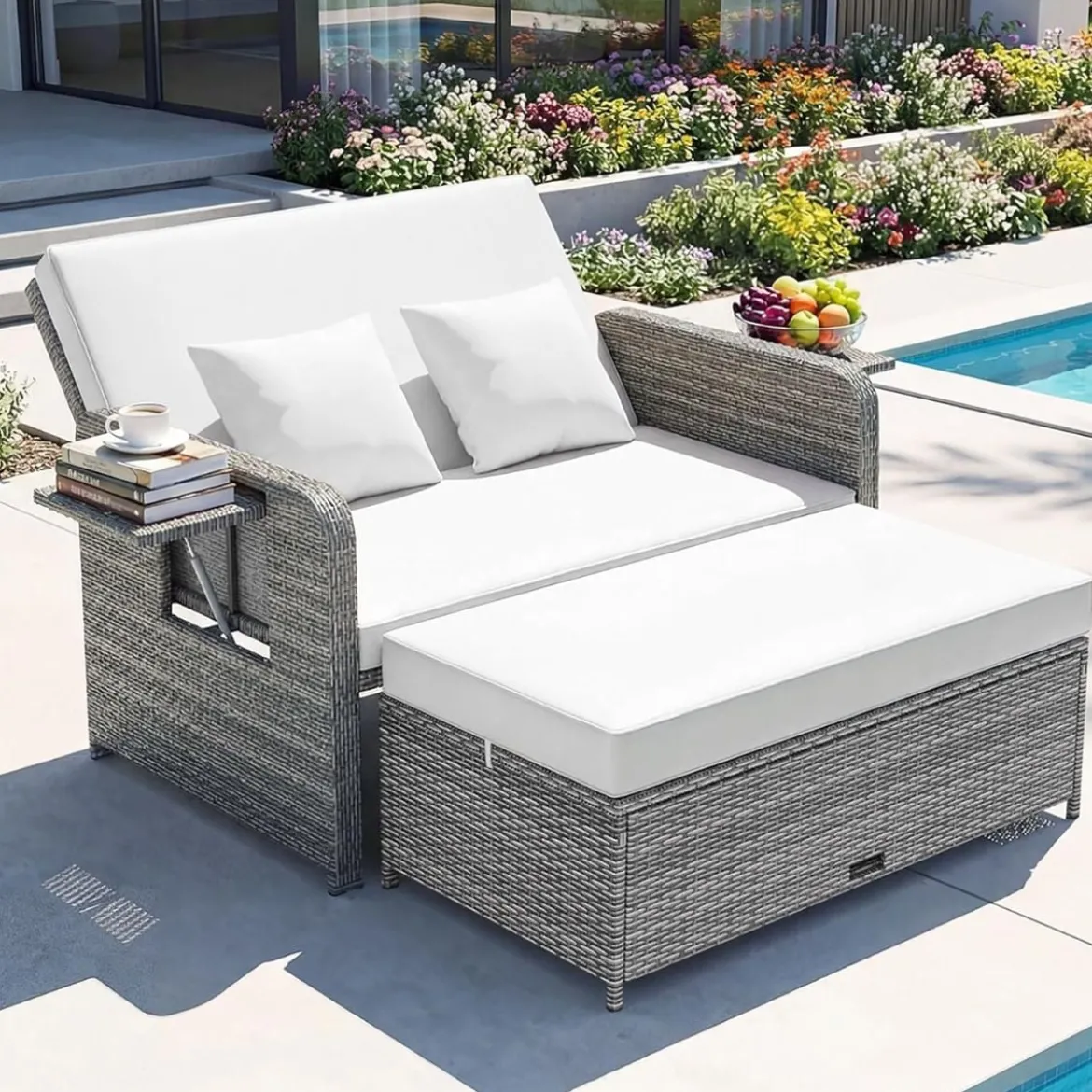 Lounge Möbel Outdoor Rattan Gartenlounge Set mit Hocker Gartensofa mit Liegefunktion Beige/Schwarz/Grau /Weiß