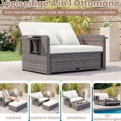 Lounge Möbel Outdoor Rattan Gartenlounge Set mit Hocker Gartensofa mit Liegefunktion Beige/Schwarz/Grau /Weiß