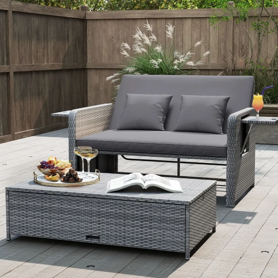 Lounge Möbel Outdoor Rattan Gartenlounge Set mit Hocker Gartensofa mit Liegefunktion Beige/Schwarz/Grau /Weiß