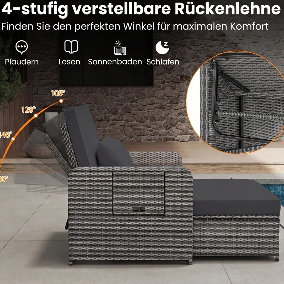 Lounge Möbel Outdoor Rattan Gartenlounge Set mit Hocker Gartensofa mit Liegefunktion Beige/Schwarz/Grau /Weiß
