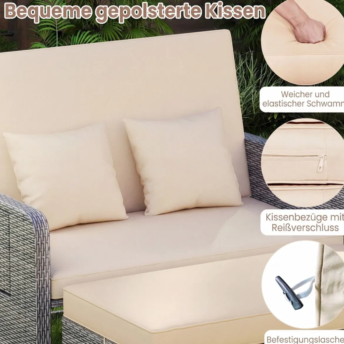 Lounge Möbel Outdoor Rattan Gartenlounge Set mit Hocker Gartensofa mit Liegefunktion Beige/Schwarz/Grau /Weiß