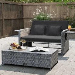 Lounge Möbel Outdoor Rattan Gartenlounge Set mit Hocker Gartensofa mit Liegefunktion Beige/Schwarz/Grau /Weiß