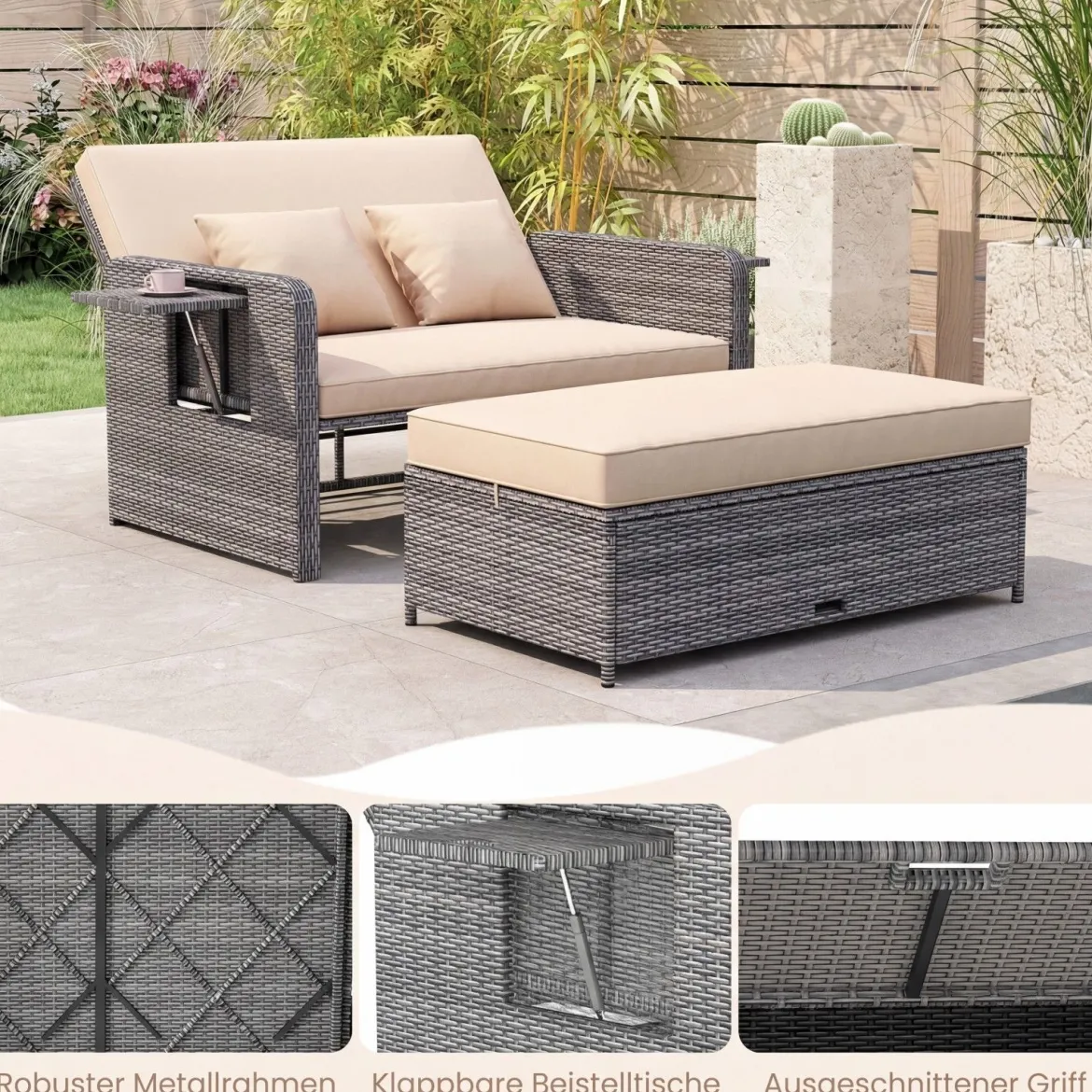 Lounge Möbel Outdoor Rattan Gartenlounge Set mit Hocker Gartensofa mit Liegefunktion Beige/Schwarz/Grau /Weiß
