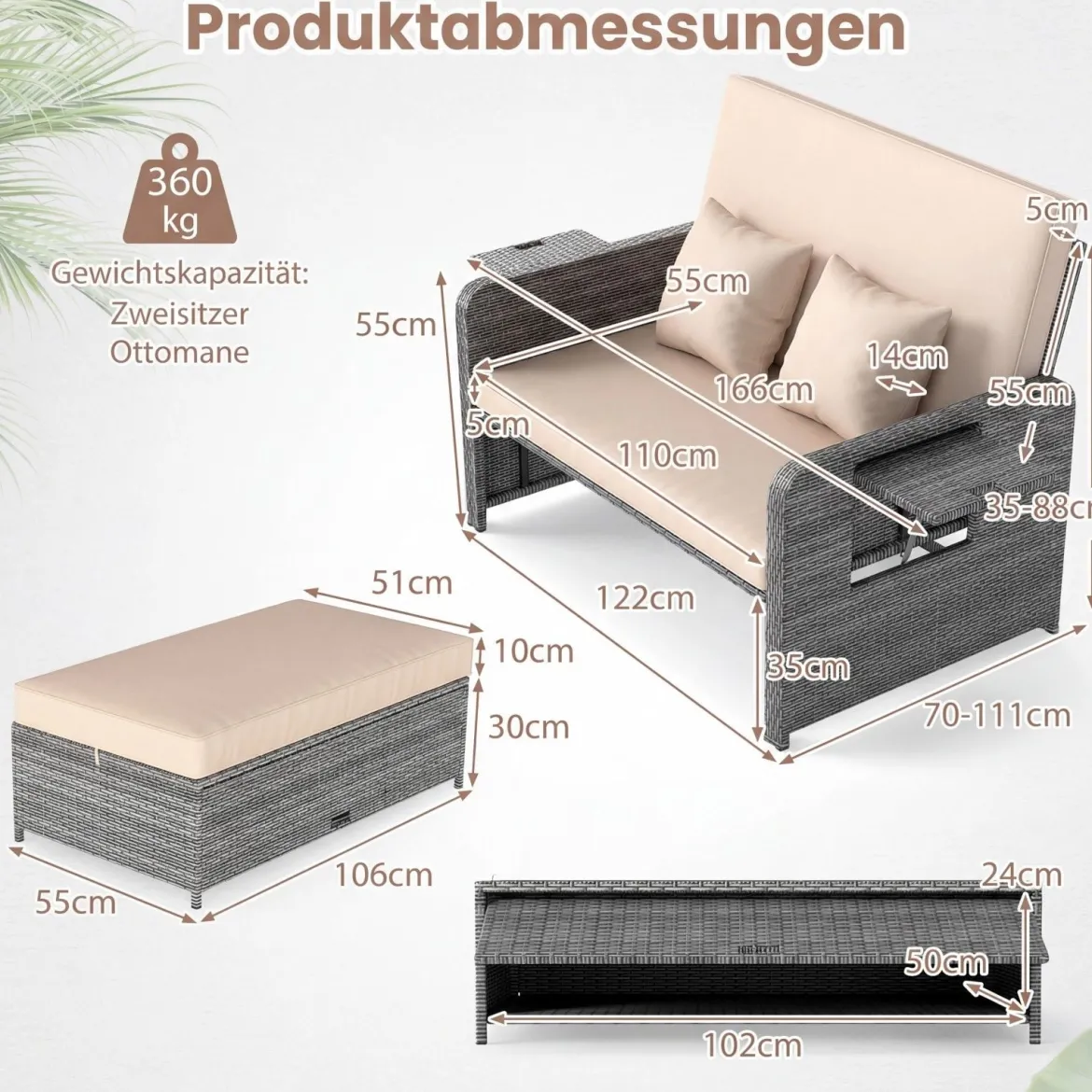 Lounge Möbel Outdoor Rattan Gartenlounge Set mit Hocker Gartensofa mit Liegefunktion Beige/Schwarz/Grau /Weiß