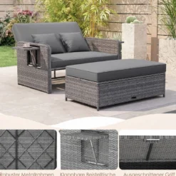 Lounge Möbel Outdoor Rattan Gartenlounge Set mit Hocker Gartensofa mit Liegefunktion Beige/Schwarz/Grau /Weiß