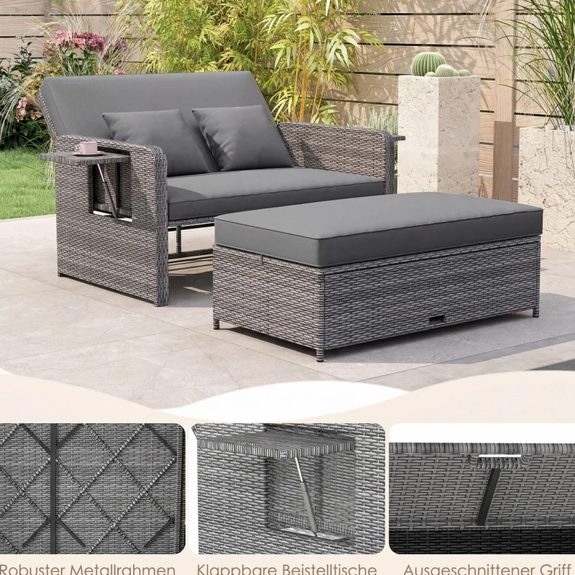 Lounge Möbel Outdoor Rattan Gartenlounge Set mit Hocker Gartensofa mit Liegefunktion Beige/Schwarz/Grau /Weiß