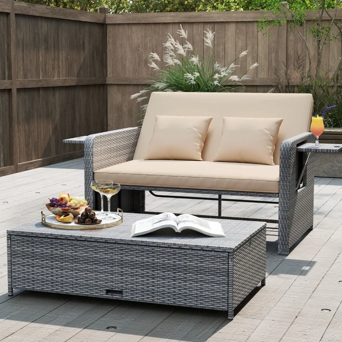 Lounge Möbel Outdoor Rattan Gartenlounge Set mit Hocker Gartensofa mit Liegefunktion Beige/Schwarz/Grau /Weiß