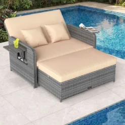 Lounge Möbel Outdoor Rattan Gartenlounge Set mit Hocker Gartensofa mit Liegefunktion Beige/Schwarz/Grau /Weiß
