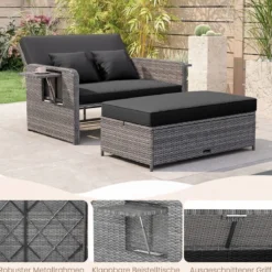 Lounge Möbel Outdoor Rattan Gartenlounge Set mit Hocker Gartensofa mit Liegefunktion Beige/Schwarz/Grau /Weiß