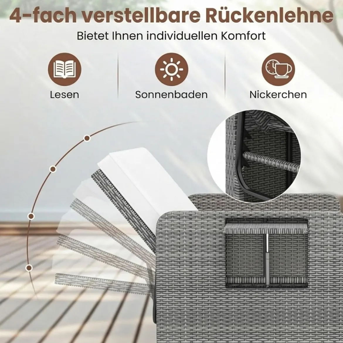 Lounge Möbel Outdoor Rattan Gartenlounge Set mit Hocker Gartensofa mit Liegefunktion Beige/Schwarz/Grau /Weiß