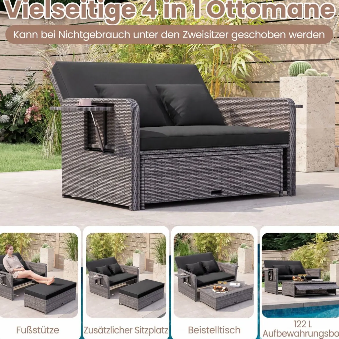 Lounge Möbel Outdoor Rattan Gartenlounge Set mit Hocker Gartensofa mit Liegefunktion Beige/Schwarz/Grau /Weiß