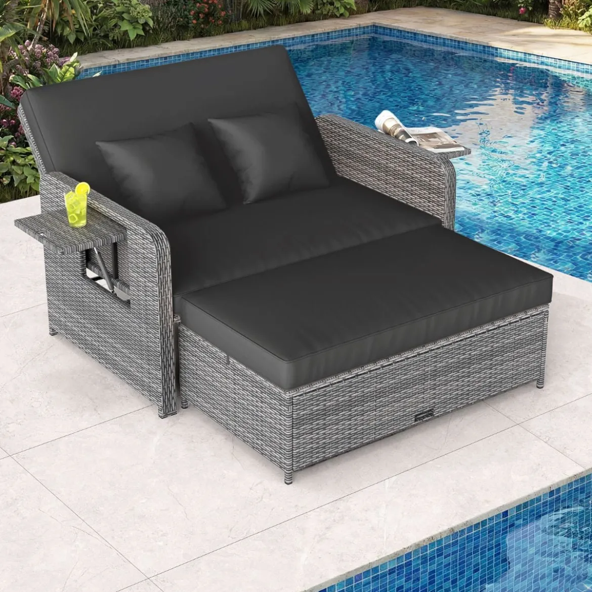Lounge Möbel Outdoor Rattan Gartenlounge Set mit Hocker Gartensofa mit Liegefunktion Beige/Schwarz/Grau /Weiß