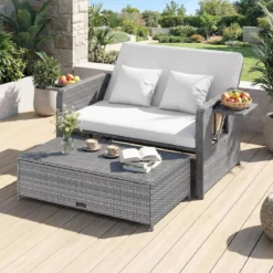 Lounge Möbel Outdoor Rattan Gartenlounge Set mit Hocker Gartensofa mit Liegefunktion Beige/Schwarz/Grau /Weiß
