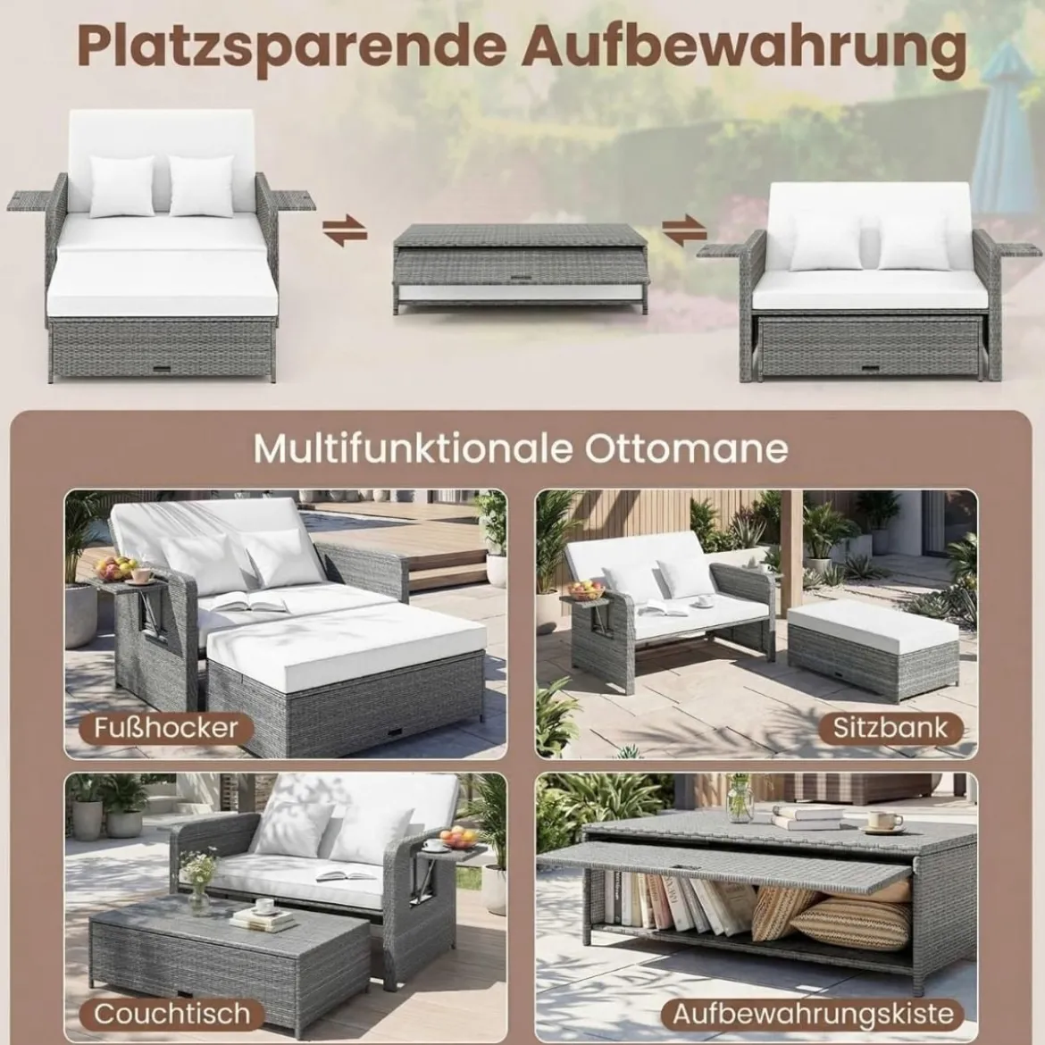 Lounge Möbel Outdoor Rattan Gartenlounge Set mit Hocker Gartensofa mit Liegefunktion Beige/Schwarz/Grau /Weiß