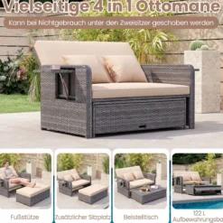 Lounge Möbel Outdoor Rattan Gartenlounge Set mit Hocker Gartensofa mit Liegefunktion Beige/Schwarz/Grau /Weiß