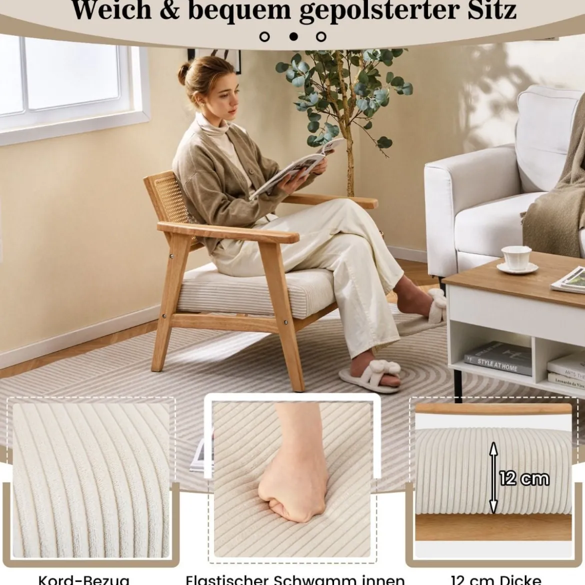 Loungesessel mit Rattan-Rückenlehne Esszimmerstuhl mit gepolsterter Sitzfläche gepolsterter Lesesessel