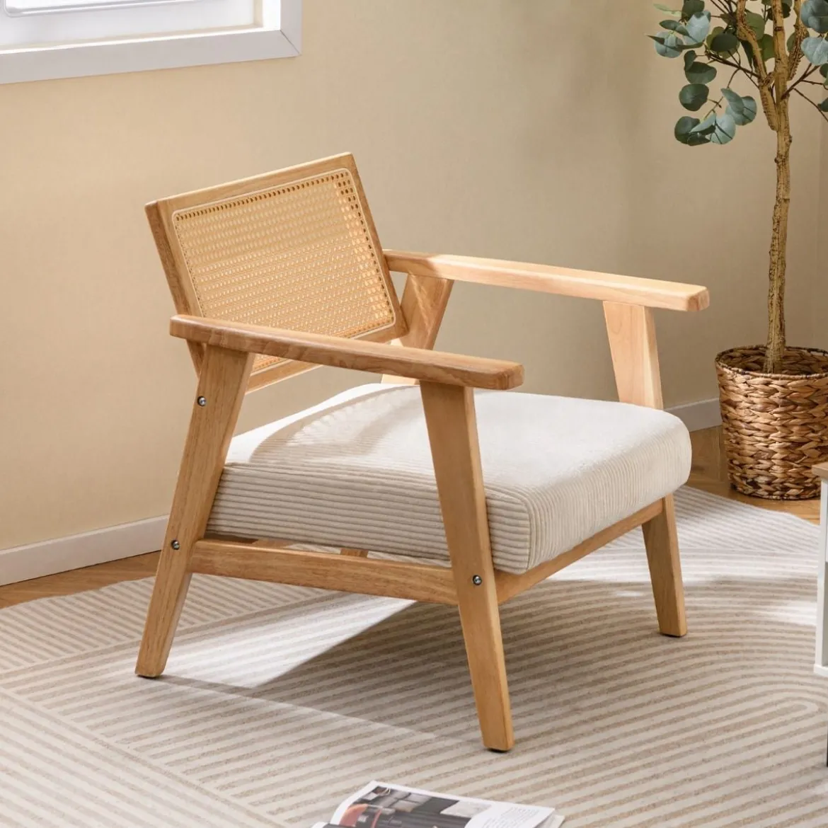 Loungesessel mit Rattan-Rückenlehne Esszimmerstuhl mit gepolsterter Sitzfläche gepolsterter Lesesessel
