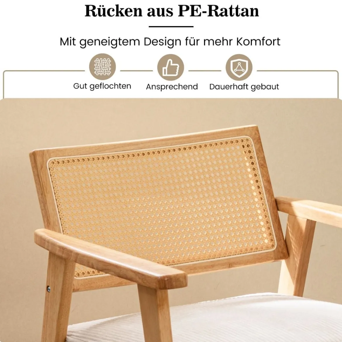 Loungesessel mit Rattan-Rückenlehne Esszimmerstuhl mit gepolsterter Sitzfläche gepolsterter Lesesessel